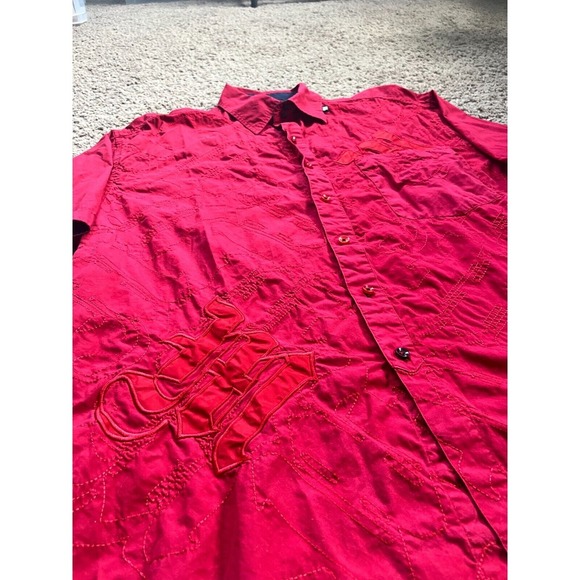 Makaveli Branded Embroidered Red Button Up Tupac Shirt Short Sleeve Cotton XL‎ - Picture 2 of 8